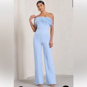 NWT Club L London - FIRST CLASS
BLUE BANDEAU FEATHER WIDE LEG JUMPSUIT Sz 8 US